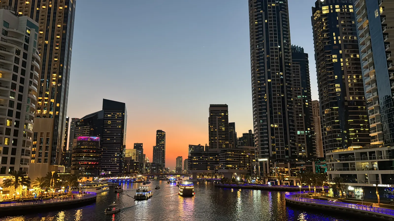 Dubai Marina canal at sunset