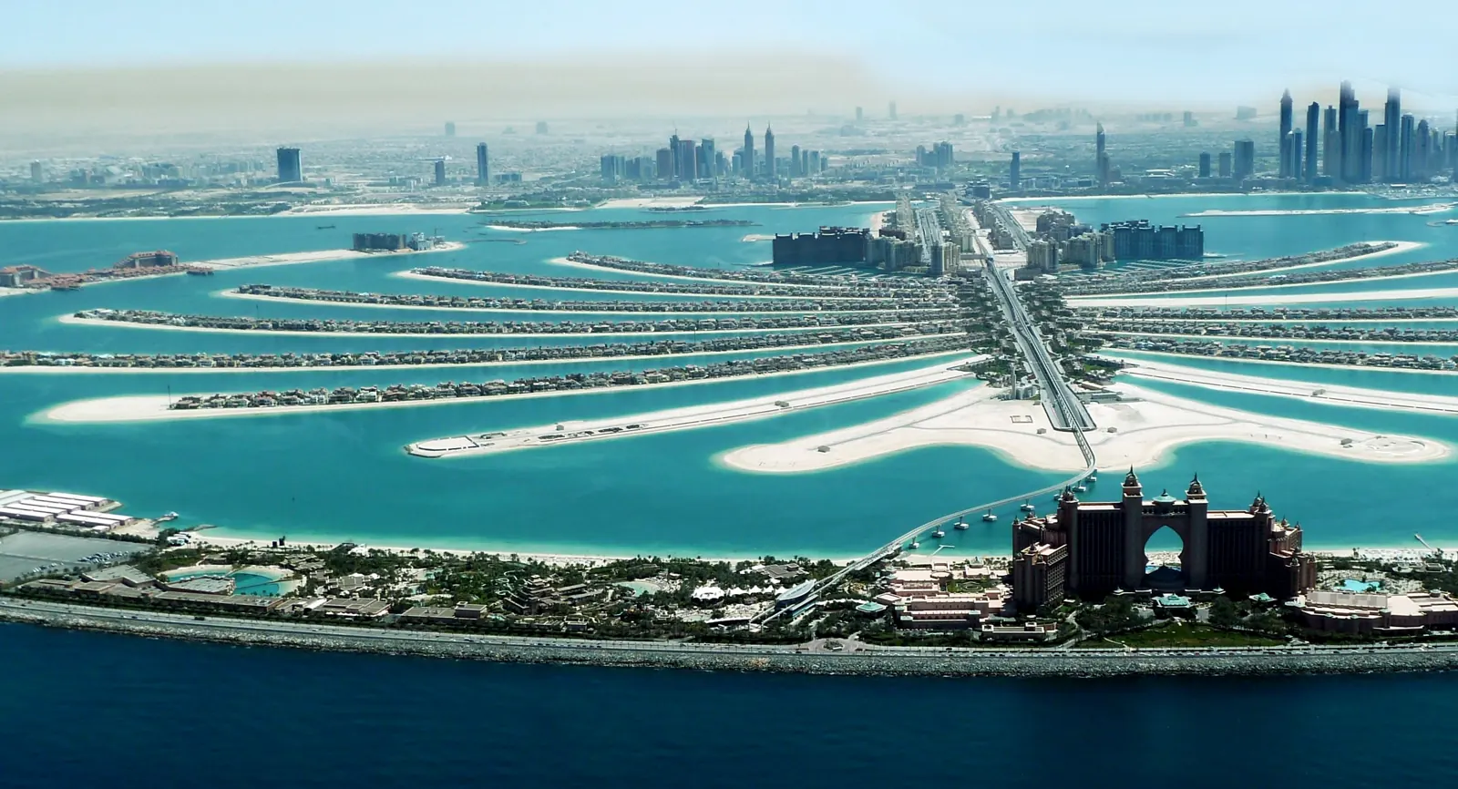 Palm Jumeirah from the air, with Atlantis on the crescent